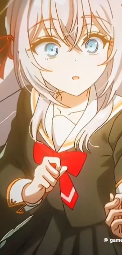 An anime girl with white hair and blue eyes in a school uniform.