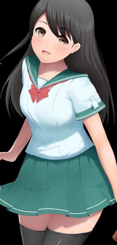 Anime girl with dark hair in a teal school uniform.