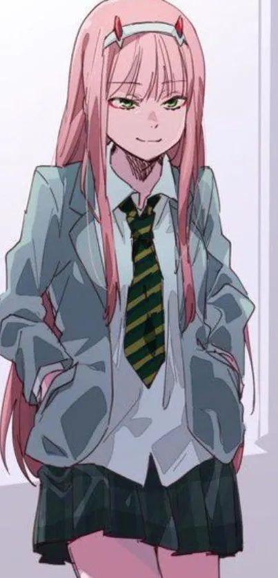 Anime girl in a school uniform with long pink hair and green tie.