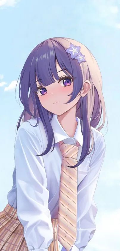 Anime girl in school uniform with a sky background.