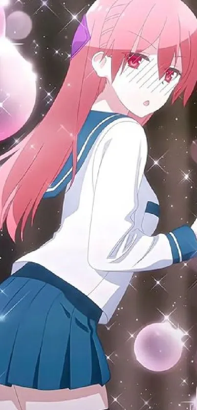 Anime girl with pink hair surrounded by sparkling bubbles.