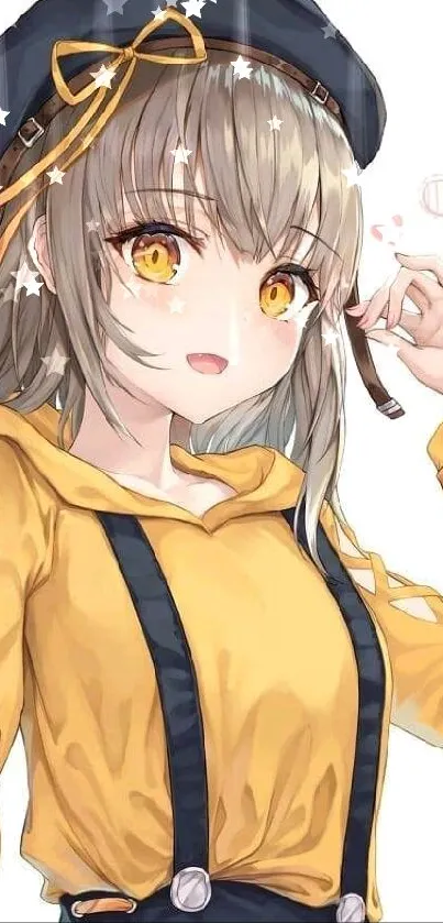 Anime girl in yellow top with suspenders, vibrant and stylish.