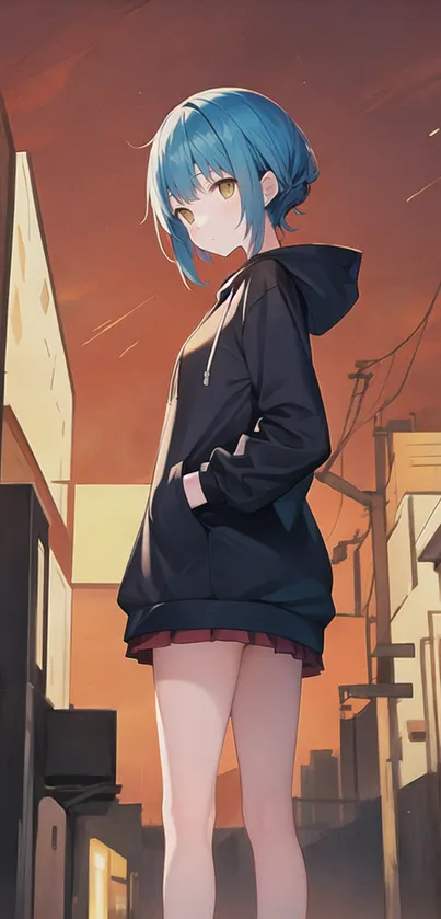 Anime girl with blue hair in sunset city scene.