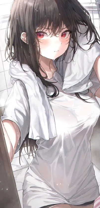 Anime girl with red eyes in a white shirt and towel, standing in a bathroom.