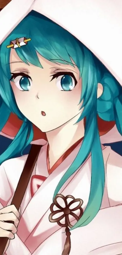 Anime girl with blue hair in traditional Japanese attire.