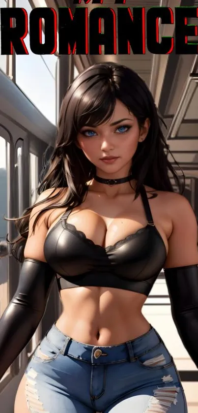 Anime girl with black hair in a train setting, wearing a leather top and jeans.