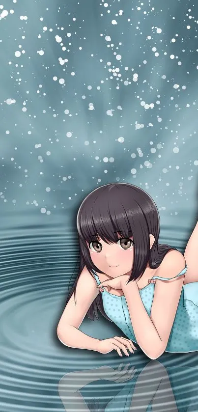 Anime girl lying in calm teal waters with ripples and sparkles.