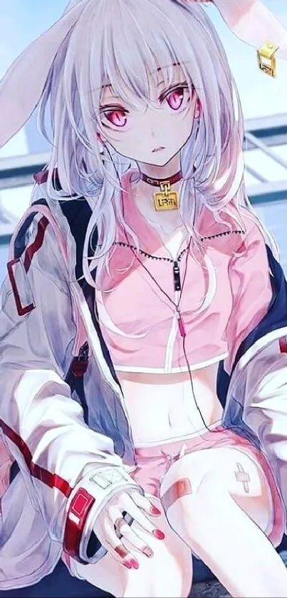 Anime girl with white hair and pink outfit in a modern urban background.