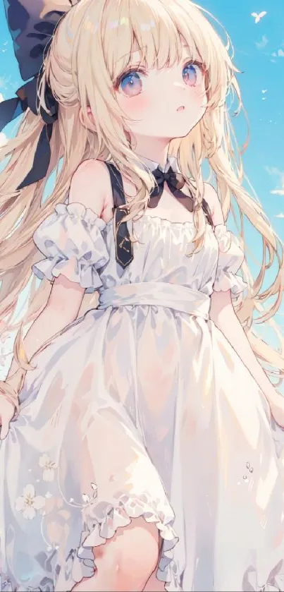 Anime girl in a white dress against a blue sky background.