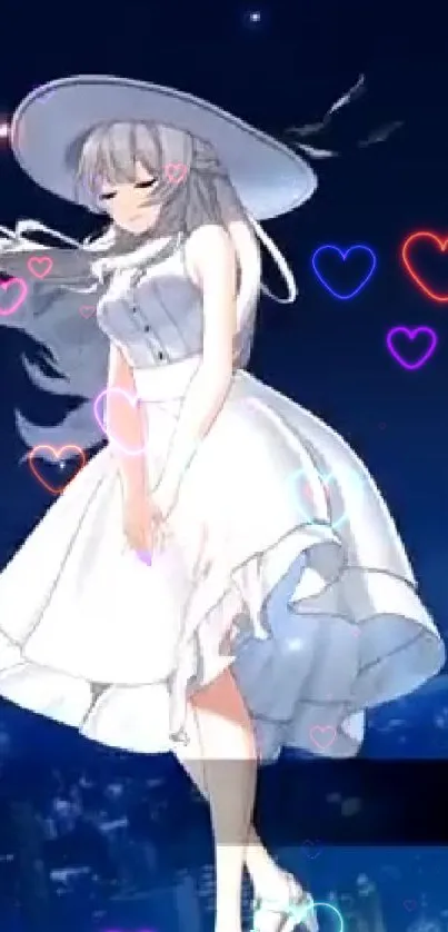 Anime girl in a white dress with colorful hearts at night.