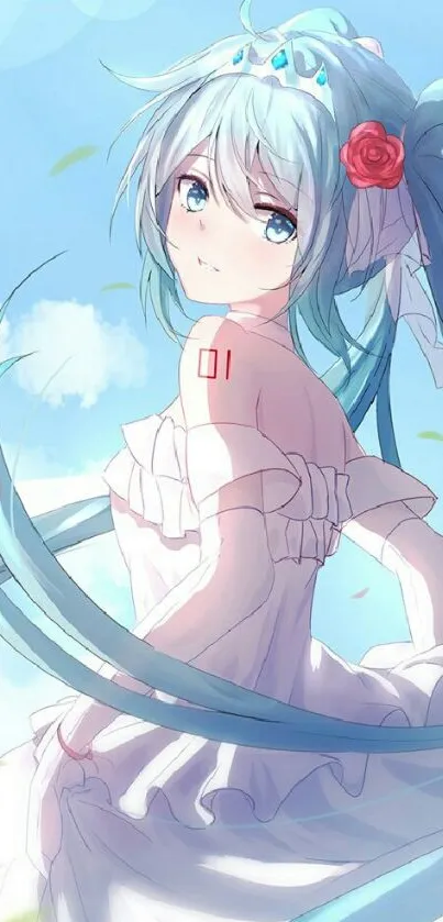 Anime girl with blue hair and white dress under a blue sky.