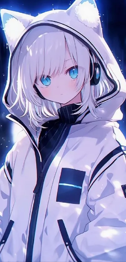 Anime character with white hoodie and cat ears in a neon-lit setting.