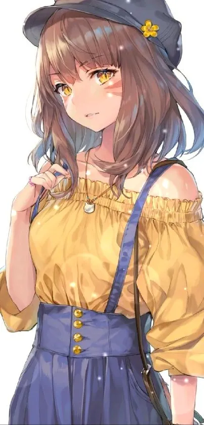 Anime girl with yellow dress and hat in a stylish pose.