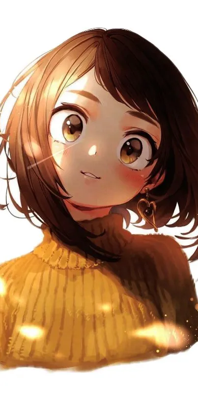 Anime girl in yellow sweater with charming expression.