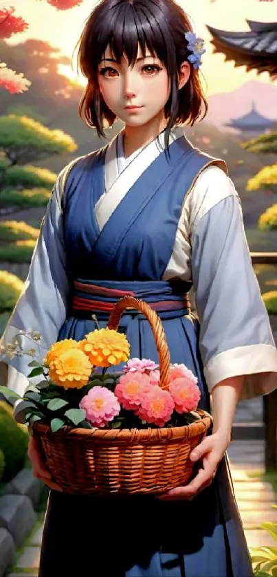 Anime girl in traditional Japanese garden holding a flower basket.