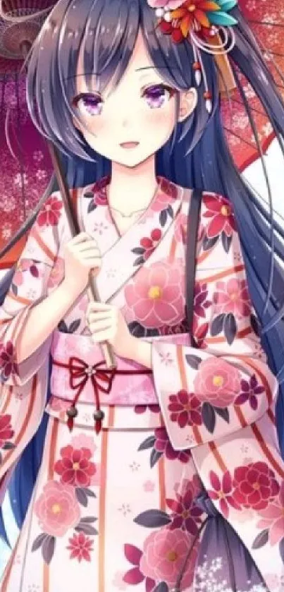 Anime girl in floral kimono with parasol.