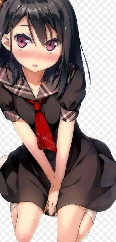 Anime girl kneeling with vibrant colors and a red tie.