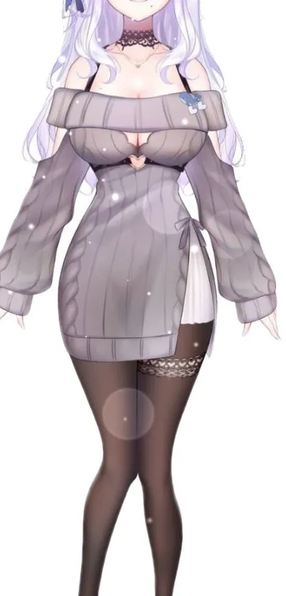 Anime girl in lavender-themed stylish outfit.