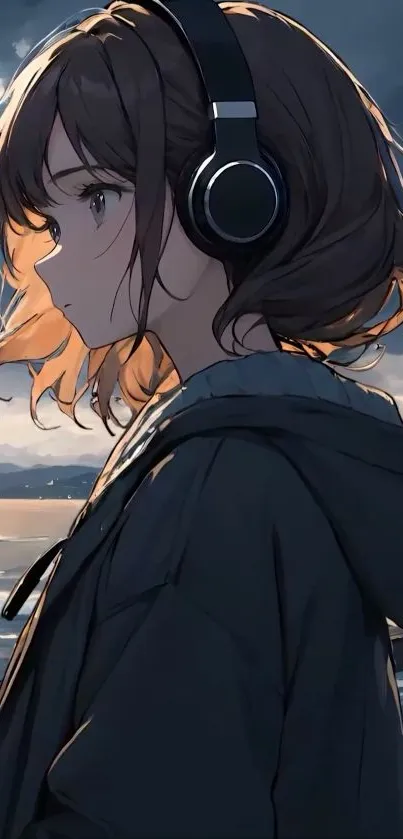 Anime girl with headphones at sunset, capturing a serene moment.