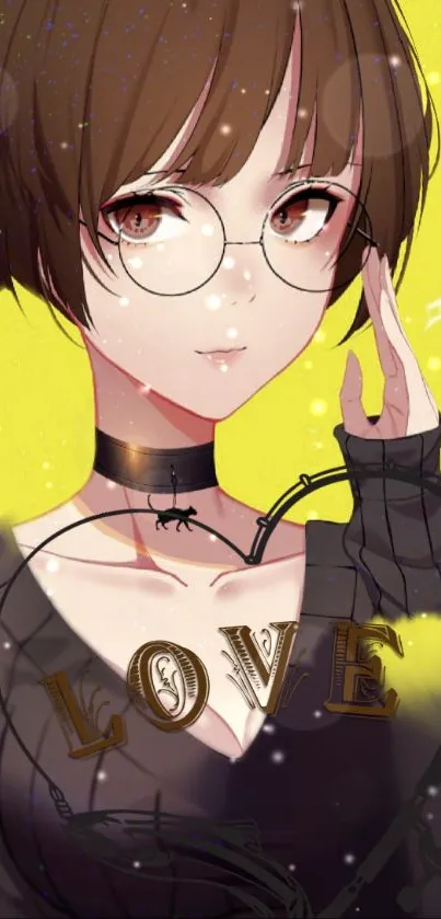 Stylish anime girl with glasses and LOVE text on yellow background.