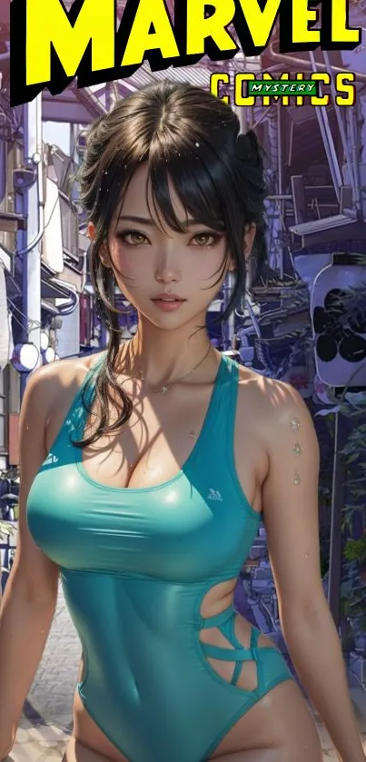 Anime girl in teal swimsuit, Marvel comics theme.