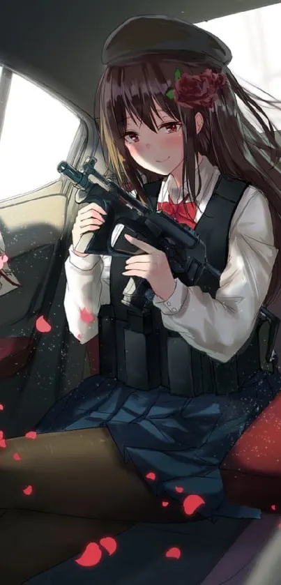 Anime girl in military car with red accents.