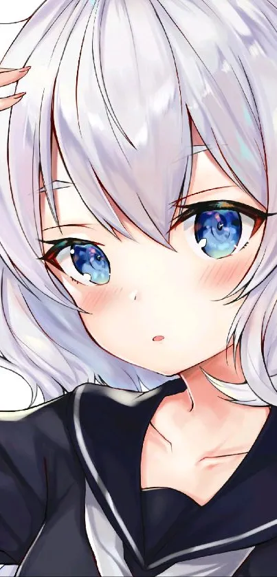 Anime girl with silver hair and blue eyes in a sailor-style outfit.