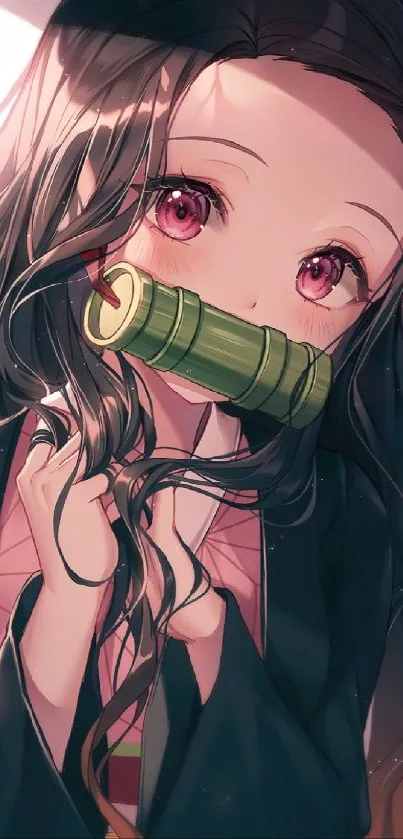 Anime girl with bamboo in mouth, pink color scheme.