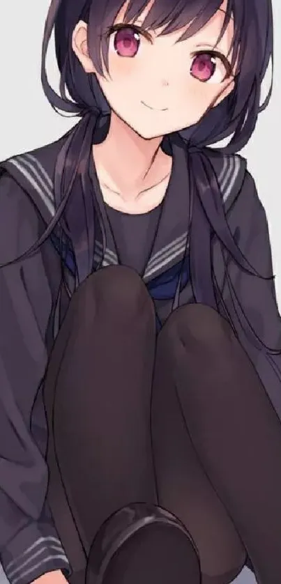 Anime girl in gray outfit sits with soft expression.