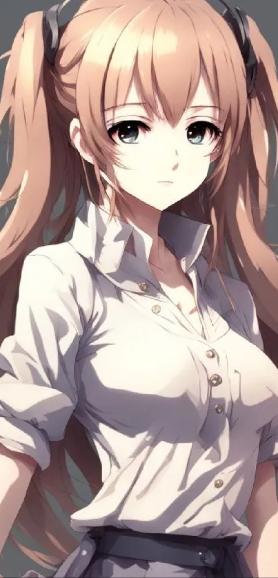 Anime girl with long hair in shirt and skirt, gray background.
