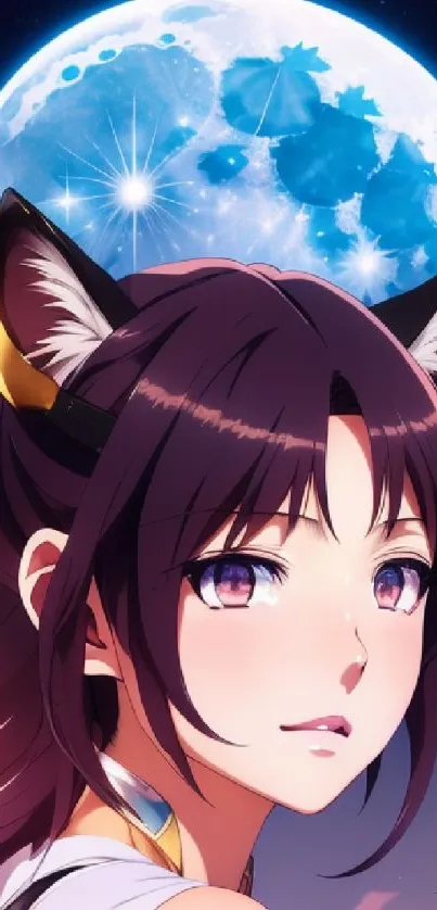 Anime girl with cat ears under a moonlit sky.