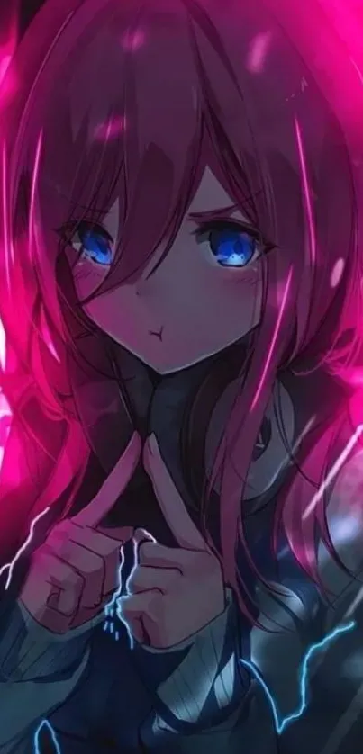 Anime girl with neon pink hair and blue eyes in a vibrant background.