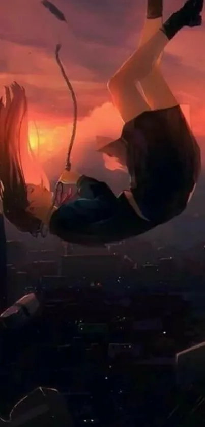 Anime girl gracefully falling against a sunset sky.