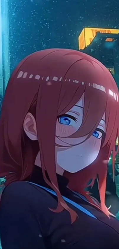 Anime girl with red hair in a city at night.