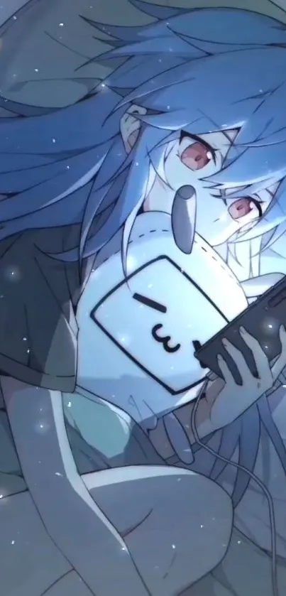 Anime girl with blue hair and phone in nighttime setting.