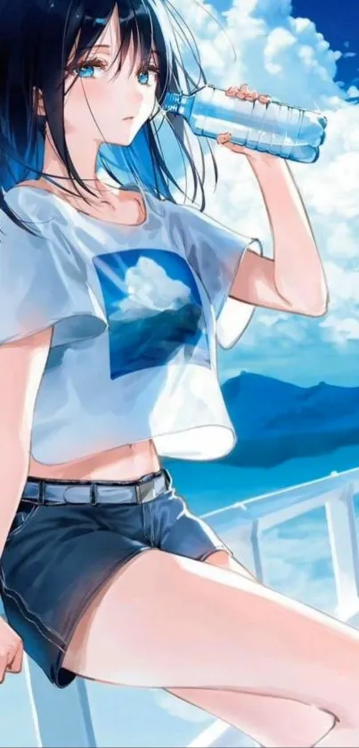 Anime girl enjoying a serene ocean view with a water bottle.