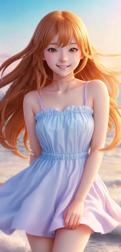 Smiling anime character on beach with sunset background.