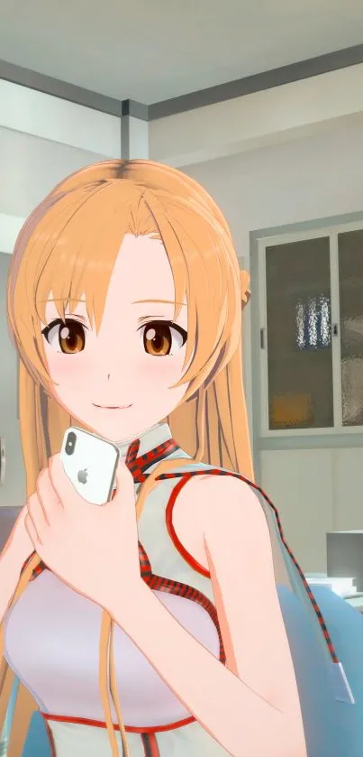 Anime girl holding smartphone in office setting.