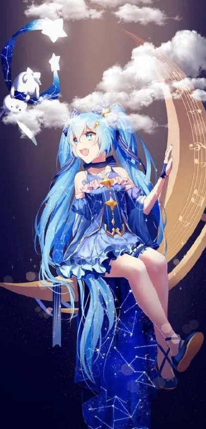 Anime girl with blue hair on crescent moon.