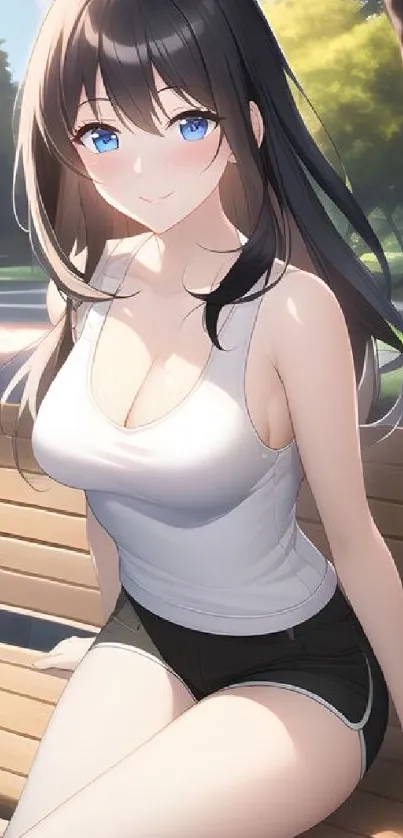 Anime girl sits on sunlit park bench.