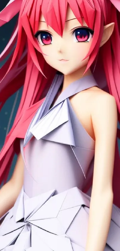 Anime girl with pink hair in origami-inspired dress.