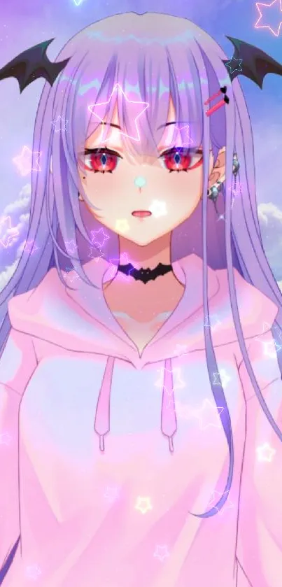 Anime girl with pastel hair and bat accessory in vibrant hues.