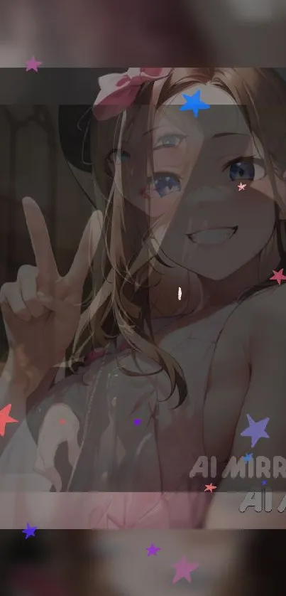 Anime girl with peace sign and colorful stars background.