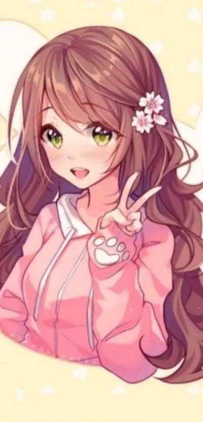 Anime girl with pink hoodie, peace sign, and flower in hair on a peach background.