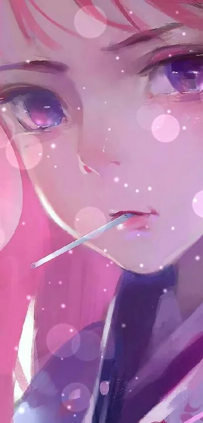 Anime girl with pink hair, creating a vibrant and aesthetic mobile wallpaper.