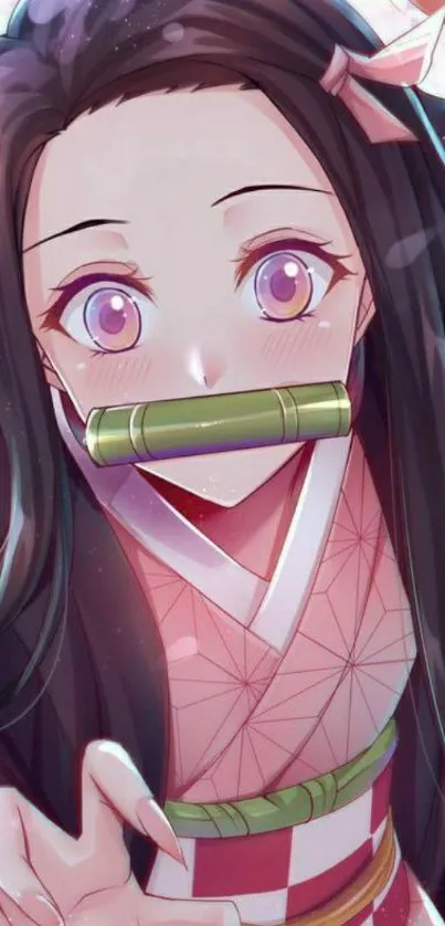 Anime girl with pink aesthetic and bamboo in her mouth.