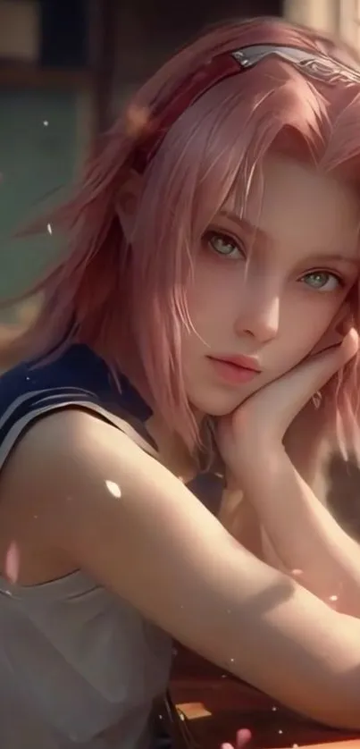 Anime girl with pink hair and serene expression in a soft, artistic setting.