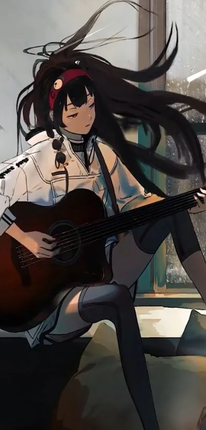 Anime girl playing guitar by a window in soft lighting.