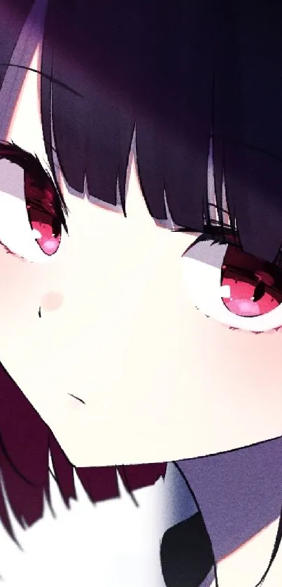 Anime girl portrait with pink eyes and dark hair.