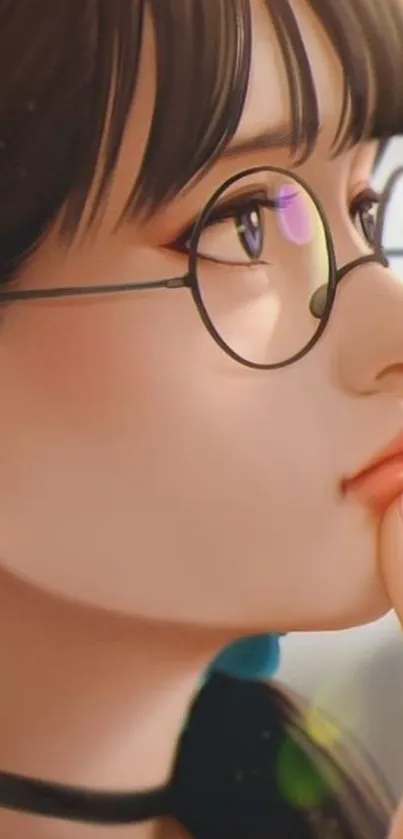 Anime girl with glasses, profile view with peach tones.